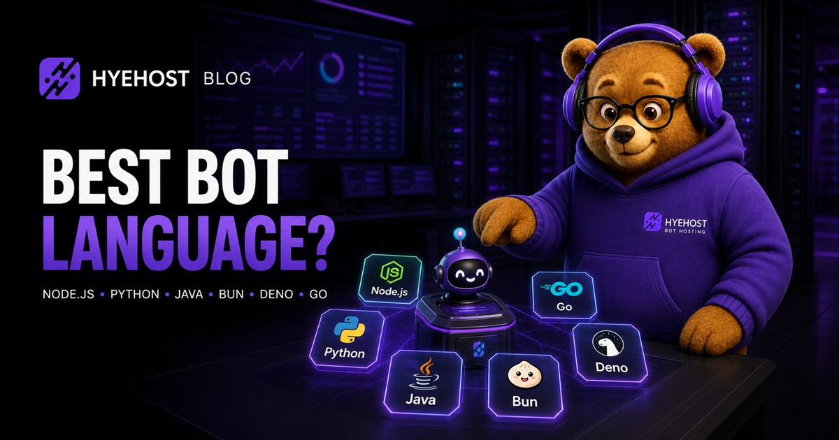 HYEHOST mascot comparing Node.js, Python, Java, Bun, Deno and Go for bot hosting
