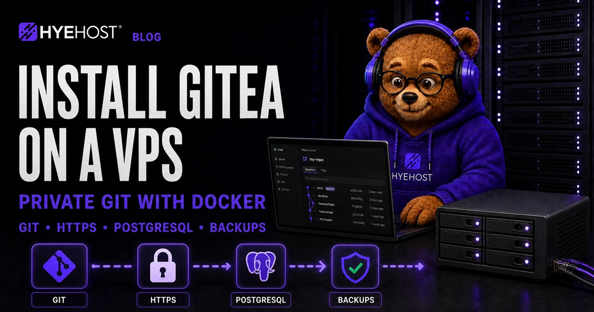 HYEHOST mascot installing Gitea with Docker Compose on a VPS