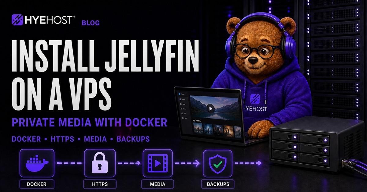 HYEHOST mascot installing Jellyfin with Docker Compose on a VPS