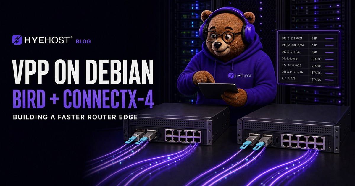 HYEHOST network engineer mascot beside two Debian VPP router hosts with BIRD and ConnectX-4 networking